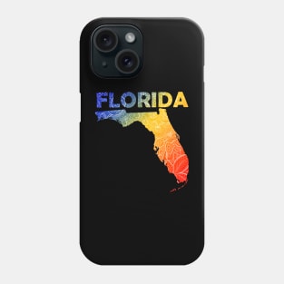 Colorful mandala art map of Florida with text in blue, yellow, and red Phone Case