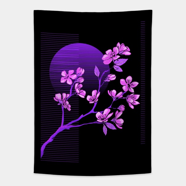 Vaporwave Aesthetic Synthwave Sunset Cherry Blossoms Sakura Tapestry by Sassee Designs