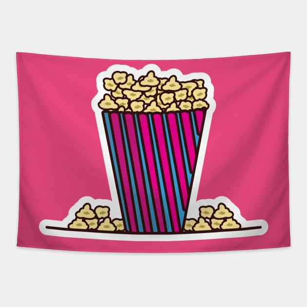 Popcorn In Popcorn Pack Sticker vector illustration. Movie cinema icon concept. Snack food. Big red blue strip box with popcorn sticker vector design with shadow. Tapestry by AlviStudio