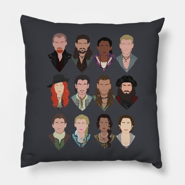 Black Sails characters Pillow by jesspalumboart