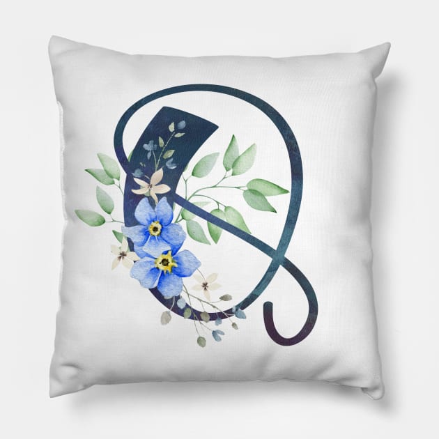 Floral Monogram Q Wild Blue Flowers Pillow by floralmonogram