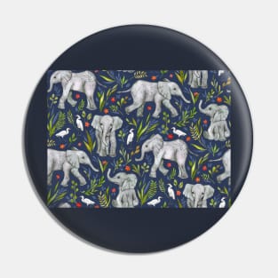 Baby Elephants and Egrets in Watercolor - navy blue Pin