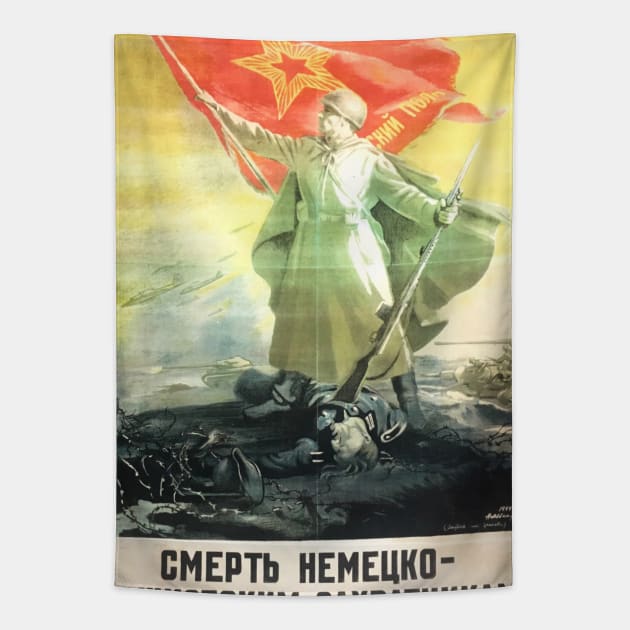 Death to the German Invaders! WW2 Russian Propaganda Poster Tapestry by ViktorDesignsGB