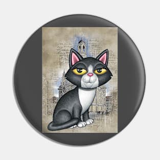 Cute black and white kitty in front of old church sketch Pin