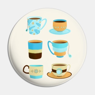 Blue and tan retro tea cups Pin