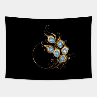 Golden Peacock Feather Monogram Tapestry