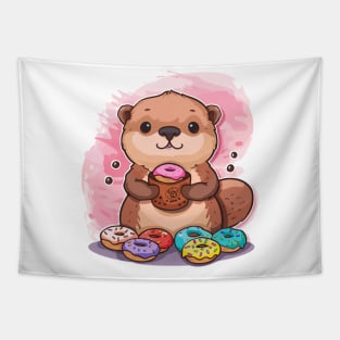 Cute sea otter eating donut Tapestry