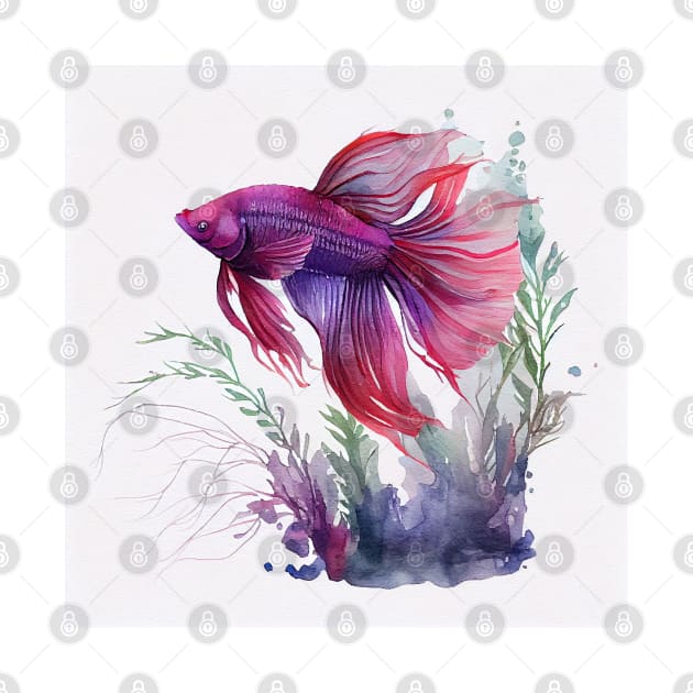 Purple and Red Betta Fish Watercolor by designs4days