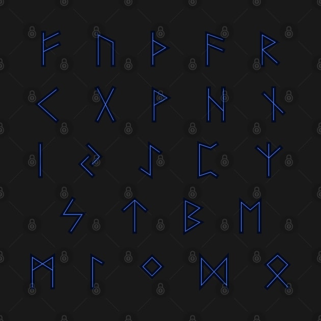 Futhark Rune Alphabet Stickers in Lightning Blue against the Night Dark by SolarCross