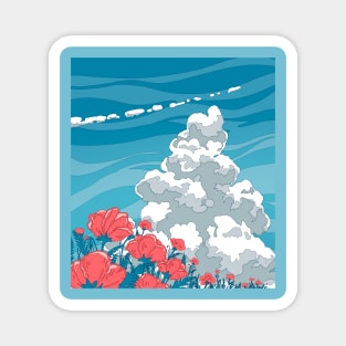 The blue sky, summer clouds and the red flowers Magnet