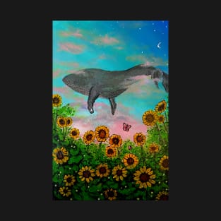 Whale flying in the sky with flower view T-Shirt