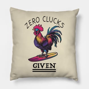 Surfing Rooster - No Clucks Given (with Black Lettering) Pillow