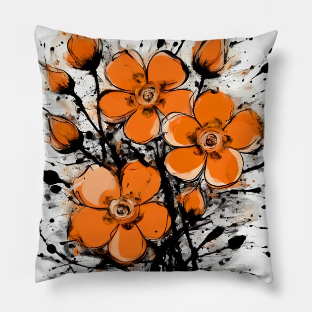 Orange Flowers Painting Street Art Style Pillow by Ravenglow