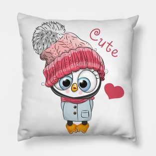 Cute penguin girl in a winter hat and scarf Pillow