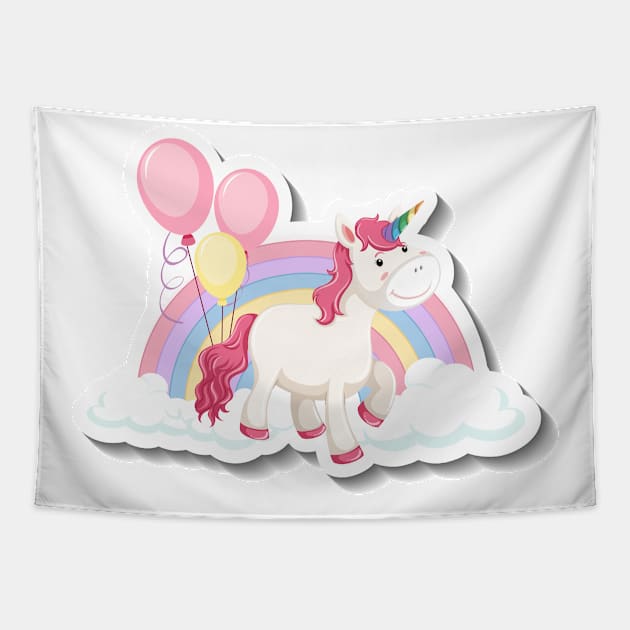 Cute unicorn with rainbow and clouds white Tapestry by Thumthumlam