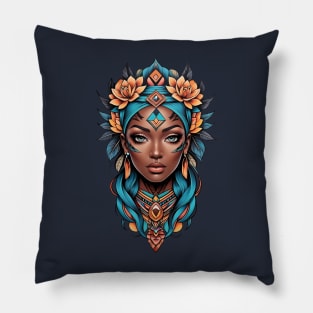 Black Woman Tribal retro vintage tattoo floral design Pillow