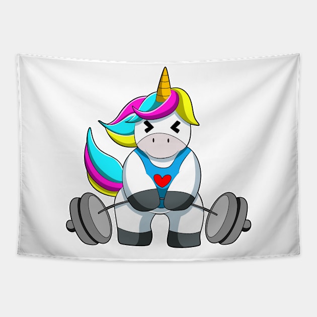 Unicorn at Strength training with Dumbbell Tapestry by Markus Schnabel