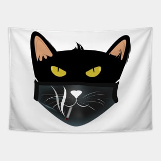 Black cat face wear black cat smokes face mask Tapestry