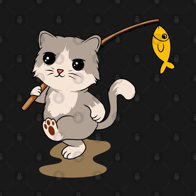 Feline Fisher: Cat with Fishing Rod and a Catch - Adventurous Tee for Cat Lovers by Hashed Art