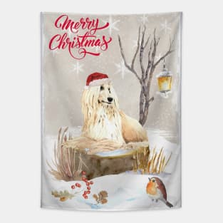 White Afghan Hound Merry Christmas Santa Dog Tapestry