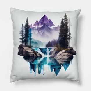 Majestic Purple Mountains with Blue Lake Waterfall Pillow