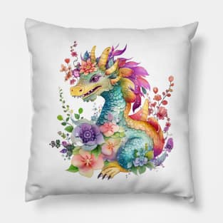 Cute Spring Flower Dragon Watercolor Pillow