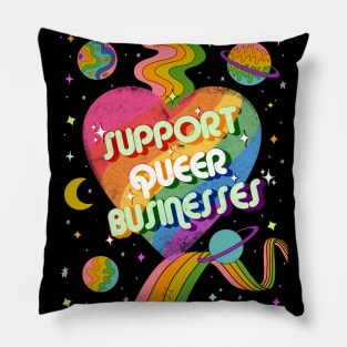 Support Queer Businesses Vintage Distressed with Planets & Rainbows Pillow