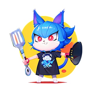 Cat girl holding a spatula and a pan, kitty cooking anime digital art T-Shirt