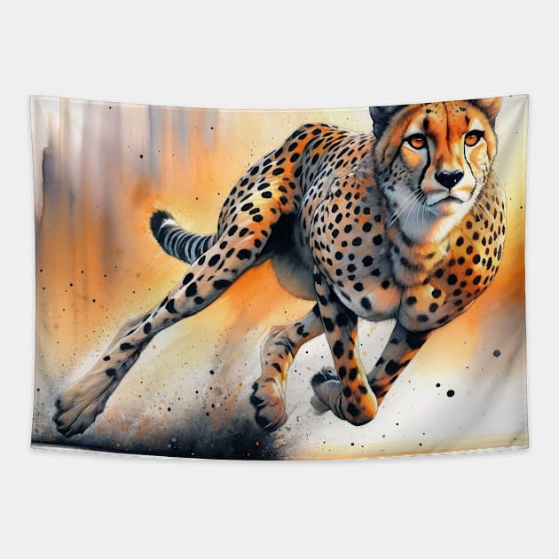 Swift Elegance: Vibrant Cheetah Watercolor Tapestry by Aquarelle Impressions