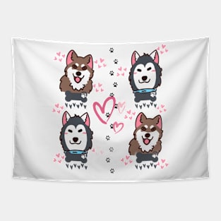 4 Husky Dogs with Hearts Tapestry