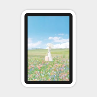 woman in a flower field with umbrella and suitcase Magnet