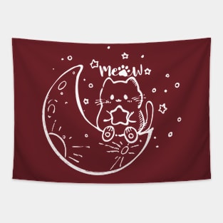 Cute Cat with Moon Cute Kitten Meow Illustration Tapestry