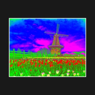 Windmill with Tulips Abstract Surreal Psychedelic Netherlands Scenic Print T-Shirt