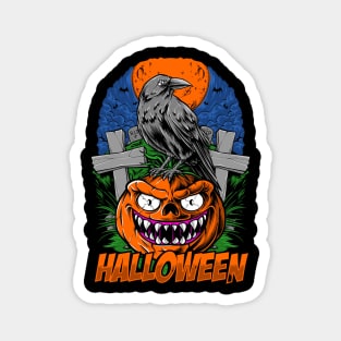 crow and halloween pumpkin head illustration Magnet