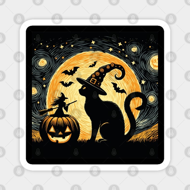 Halloween Van Gogh Starry Night Cat Magnet by JessArty