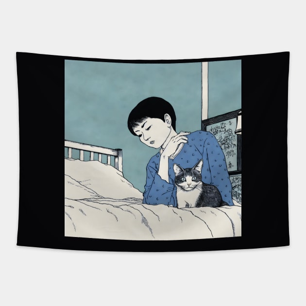 Traditional Japanese art of man with cat on the bed Tapestry by KOTYA
