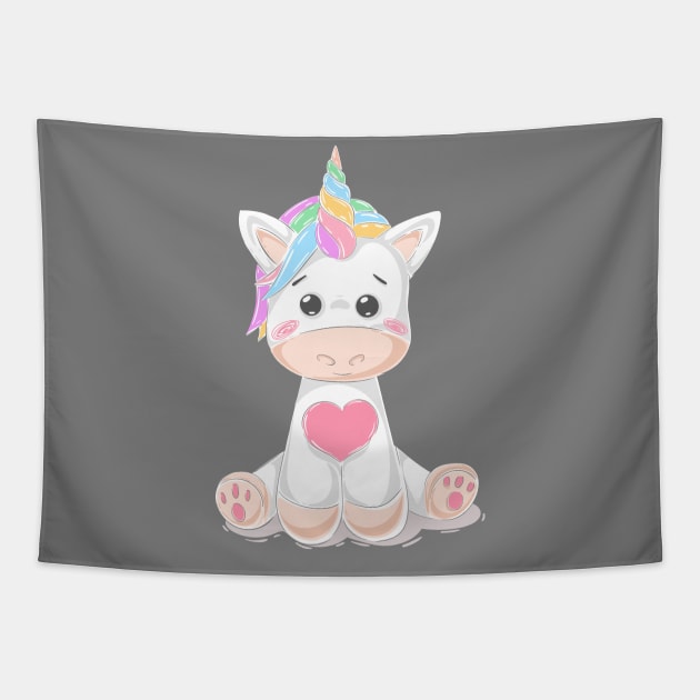 Cute Little Unicorn With Heart, Line Drawing White, Pink, Purple, Green & Yellow Tapestry by Vegan Squad