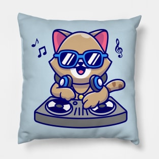 Cute Cat Playing Dj Music With Headphone Cartoon Pillow