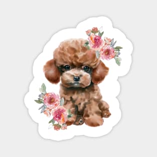 Cute Miniature Toy Poodle With Flowers Watercolor Art Magnet