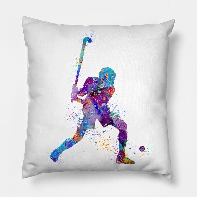 Boy Field Hockey Player Watercolor Sport Pillow by LotusGifts