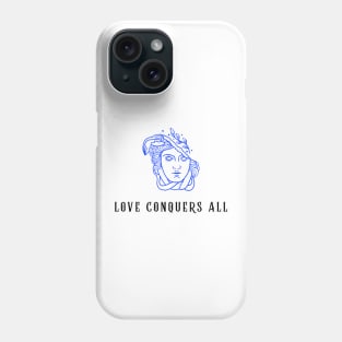woman statue with poetry phrase "Love conquers all" Phone Case