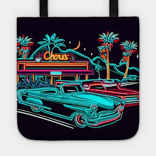 A design that captures the spirit of a classic American road trip from the 1950s or 60s, with vintage cars, neon signs, and roadside attractions. Tote