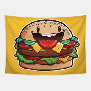 Burger Lovers Club: Adorable and Grinning mouthwatering Cheeseburger Character Tapestry