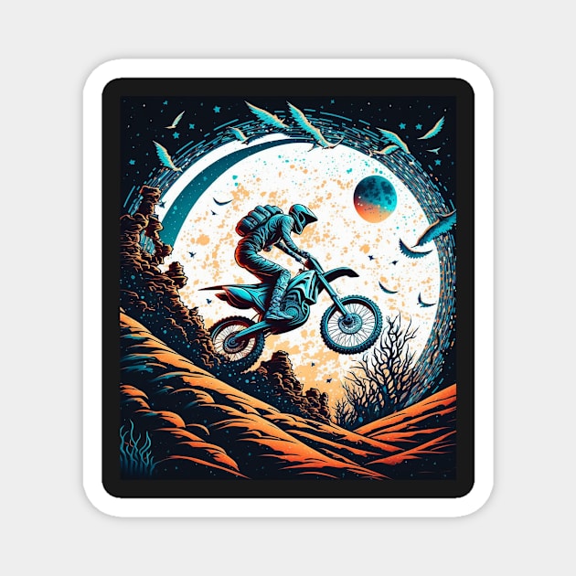 Dirt bike stunt w/moon Teal and orange Magnet by KoolArtDistrict