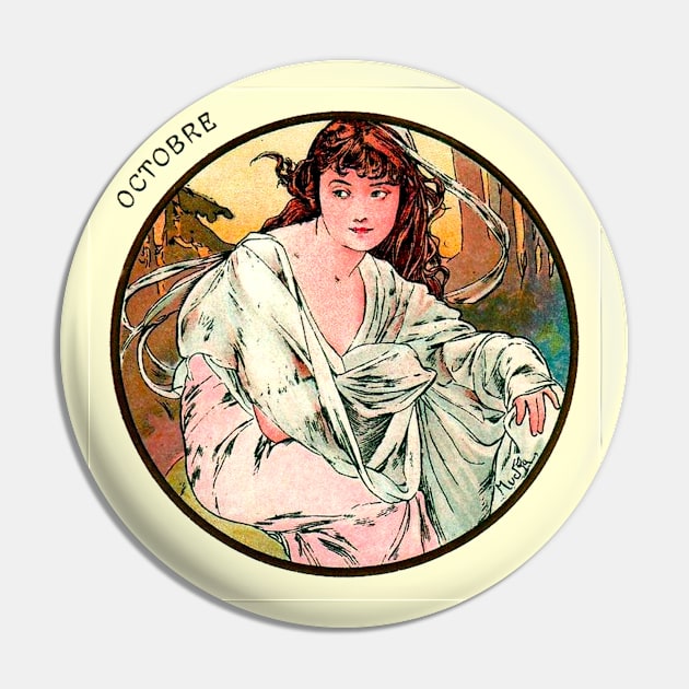 Art Nouveau October Calendar Alphonse Mucha Pin by JoolyA