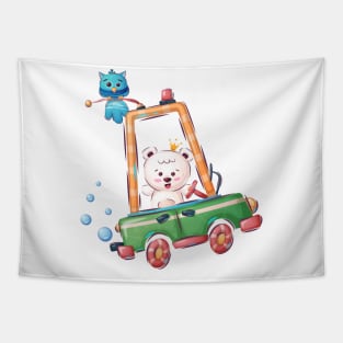 Bear driving a car with an Owl on top Tapestry