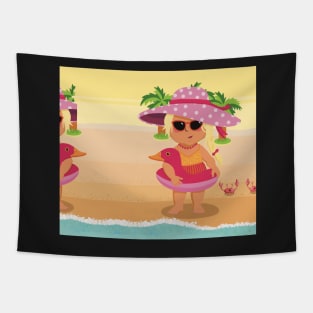 Vacation mood on 2 - cute little girl having a sunny happy day on the beach, saturated ,no text Tapestry