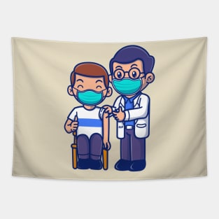 Cute Doctor Injecting Male Patient Cartoon Tapestry
