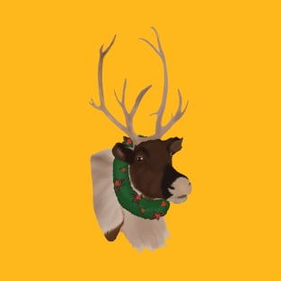 Festive Christmas Reindeer with Wreath and Pine Cones and Holly Berries T-Shirt