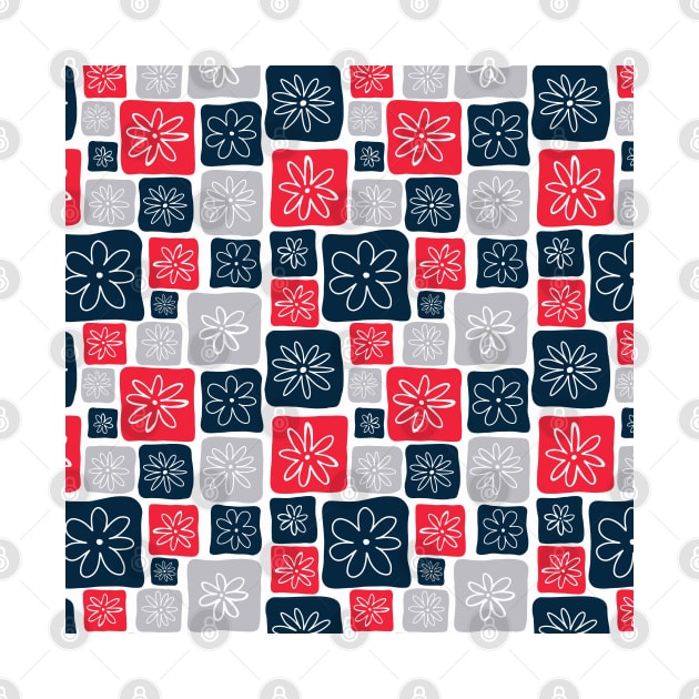 Doodle Squares with Flowers Red, Blue, Gray by Sandra Hutter Designs